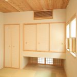 和室は畳の縁をオーク材を無塗装で天井には低温乾燥のスギ材、壁の漆喰には少しだけグリーンを入れました。